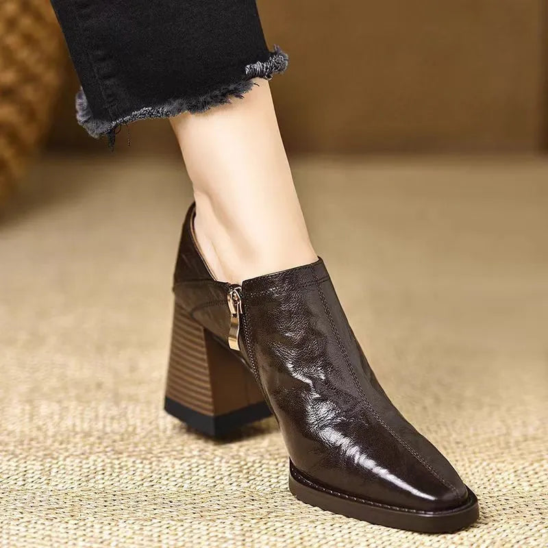 Chunky heel side zip women's high heels pumps in black, square toe, mid heel height, PU upper