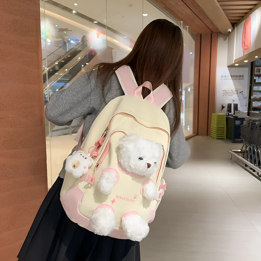 Cute Bear nylon school backpack in macaron colours with curved shoulder straps and 20-35L capacity