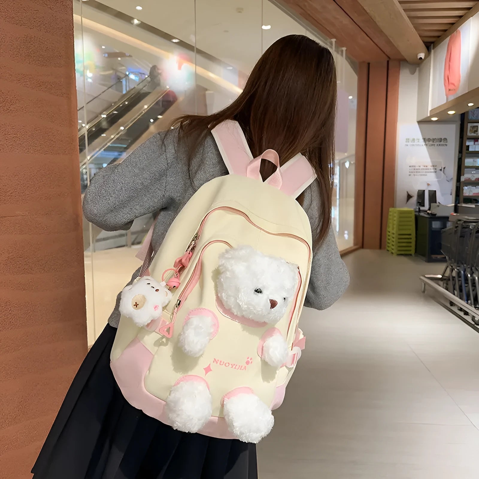 Cute Bear nylon school backpack in macaron colours with curved shoulder straps and 20-35L capacity