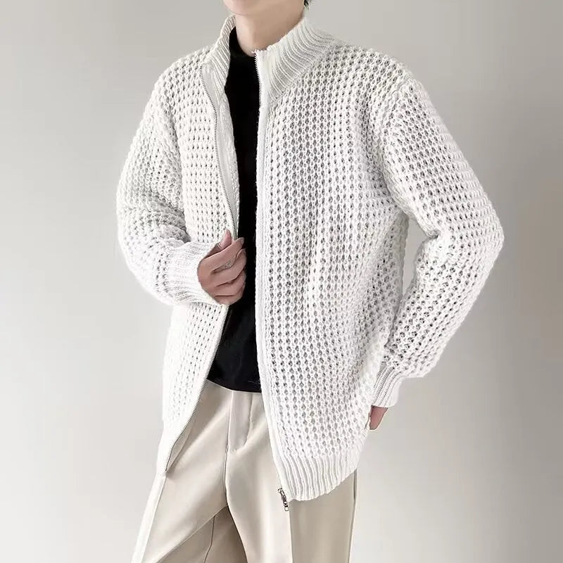 Men's thickened cardigan coat in black with loose fit and rabbit hair blend fabric, front view