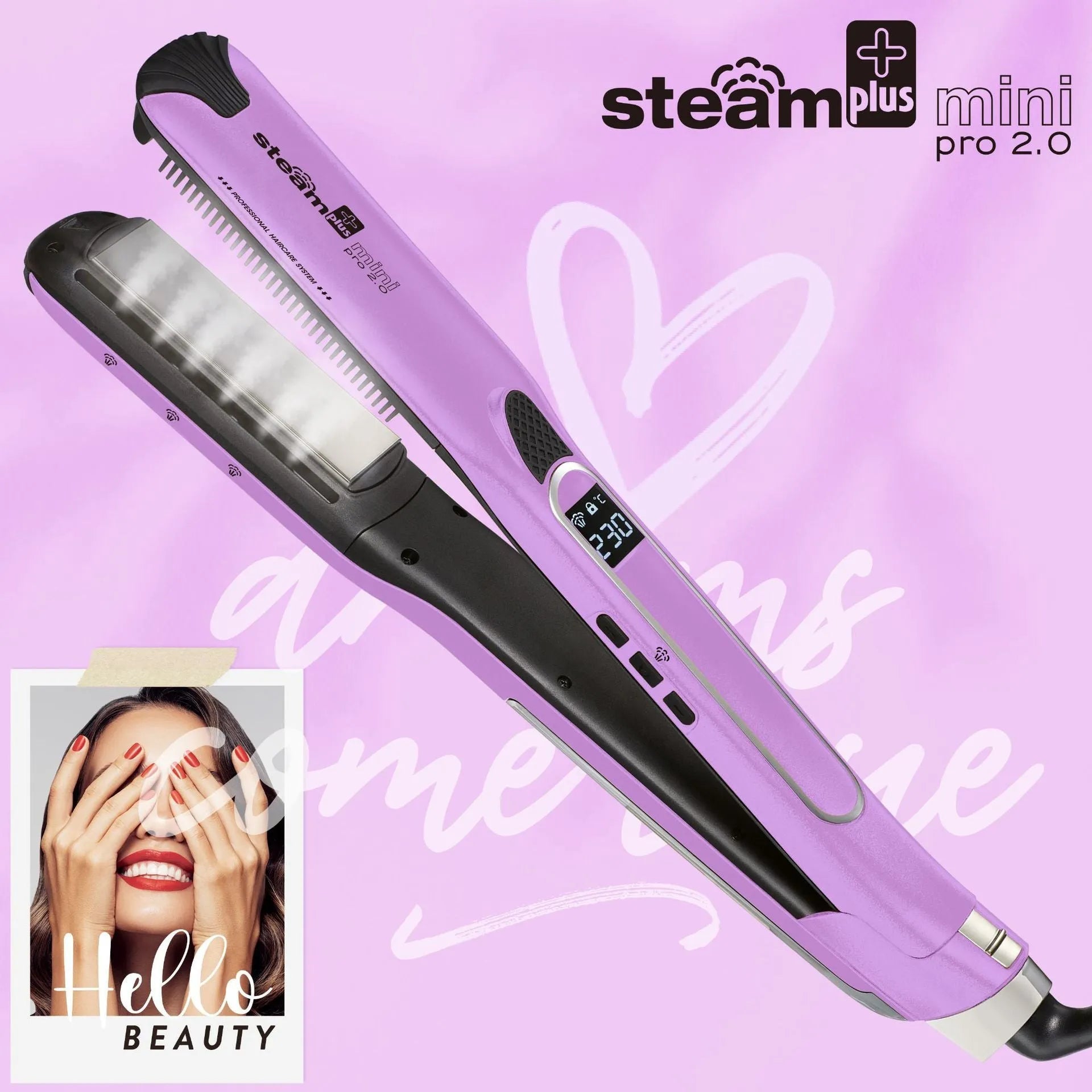 Champagne gold hair straightener with steam mist function and ceramic plates
