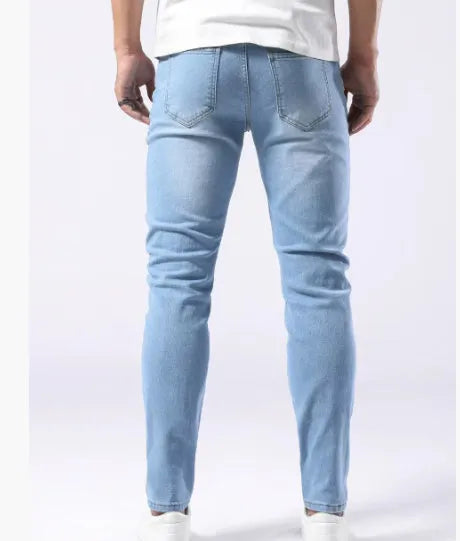 Men's light blue stretch slim-fit jeans cotton trousers side view