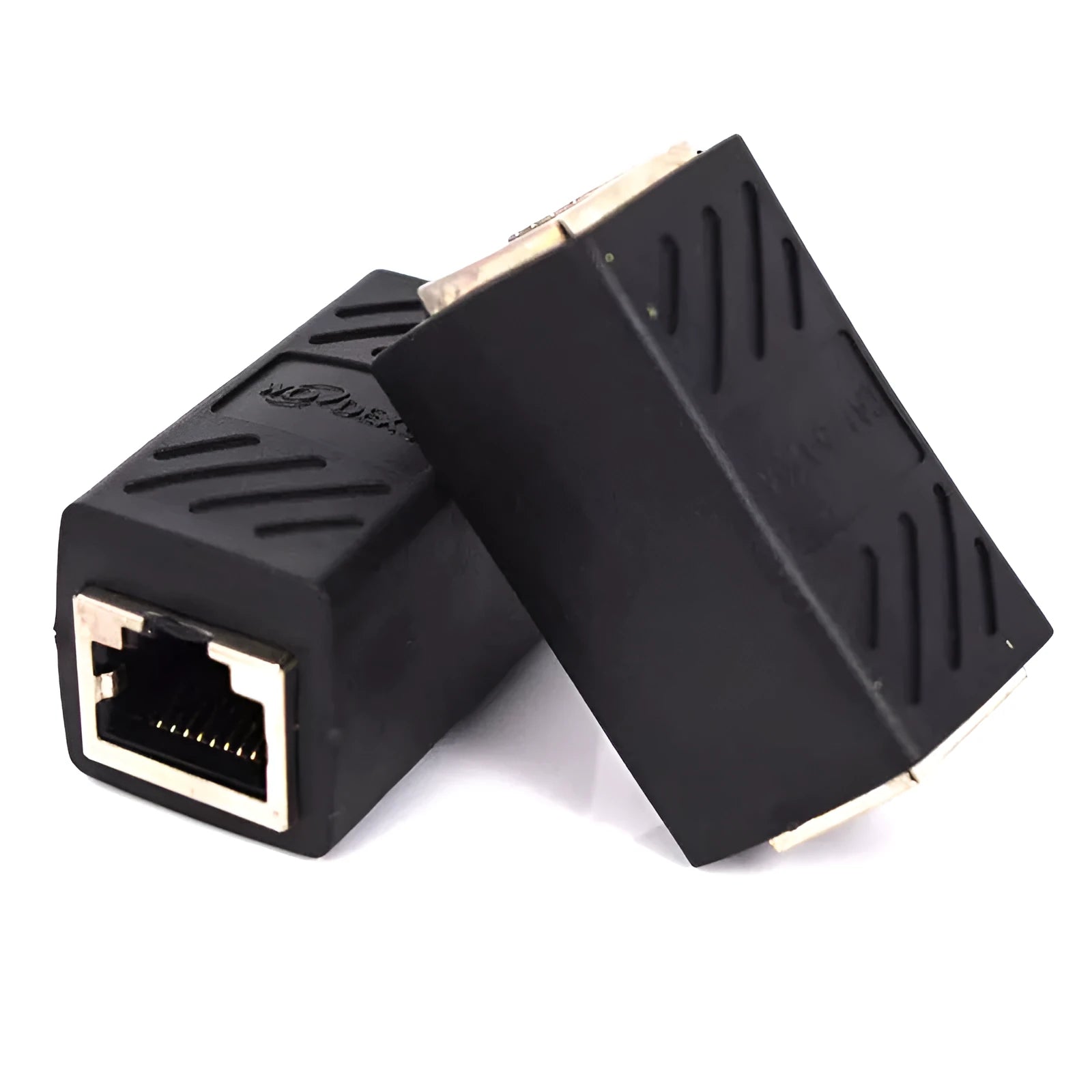 Black RJ45 rotary network cable extender adapter for joining Ethernet patch cables.