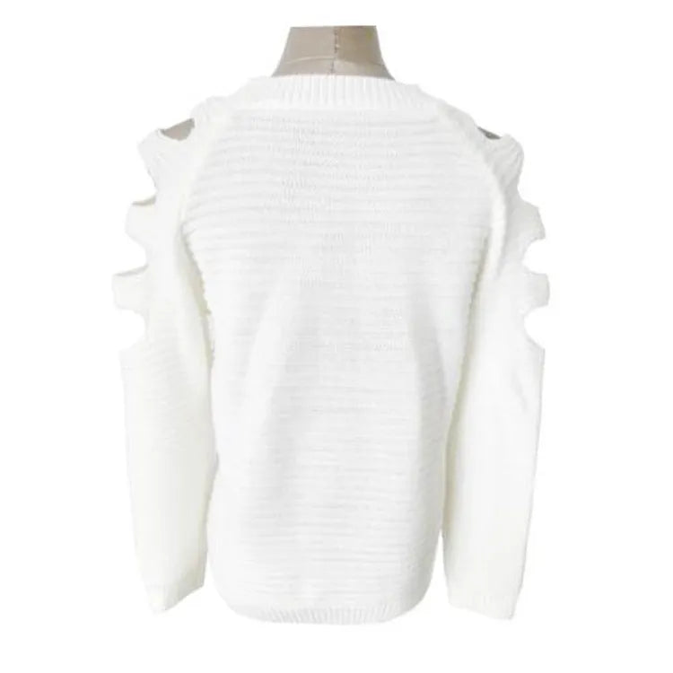 Women's grey solid colour jumper with hollow-out crochet pattern and round neck