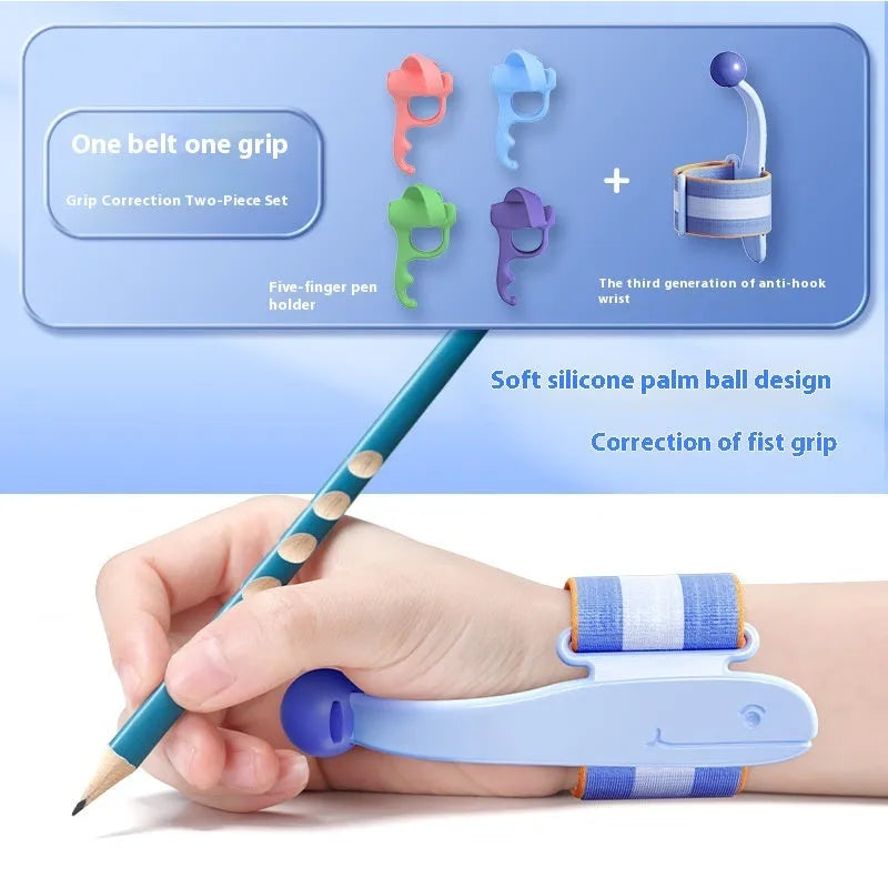 Blue anti-hook pen control corrector wrist brace on a child's hand holding a pencil.