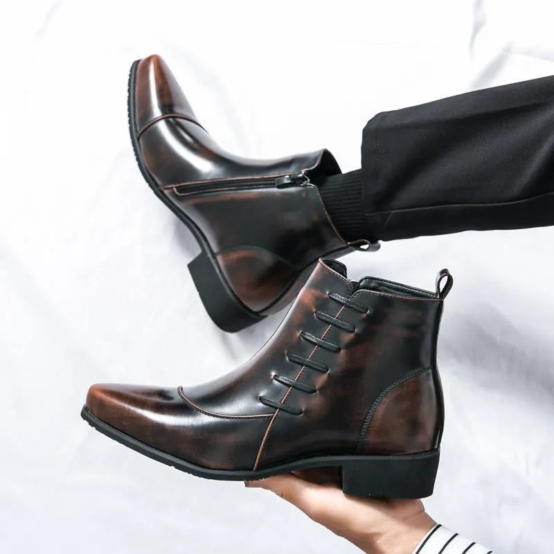 Men's large size high-top colour matching leather boots with side zipper in black and yellow