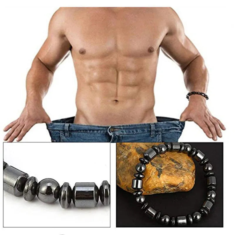 Black stretch magnetic therapy bracelet with pentagram magnetite and hematite stones for women and men
