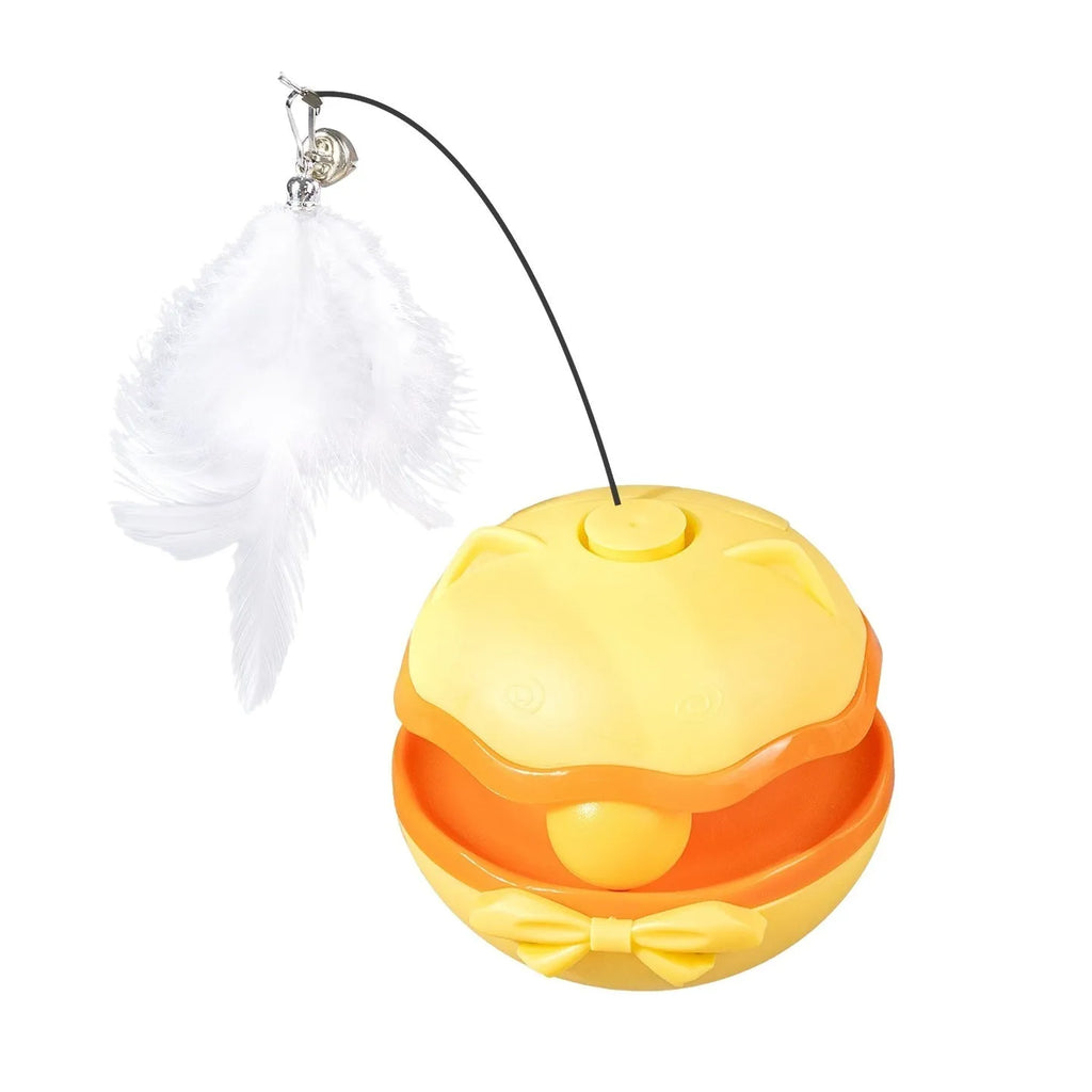 Electric self-propelled cat teaser tumbler toy in lemon yellow, sky blue, or soft fog grey.