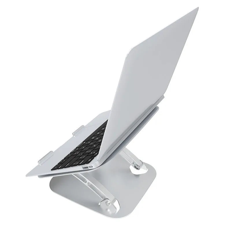 Silver aluminium foldable lifting laptop stand on a desk with a laptop placed on top