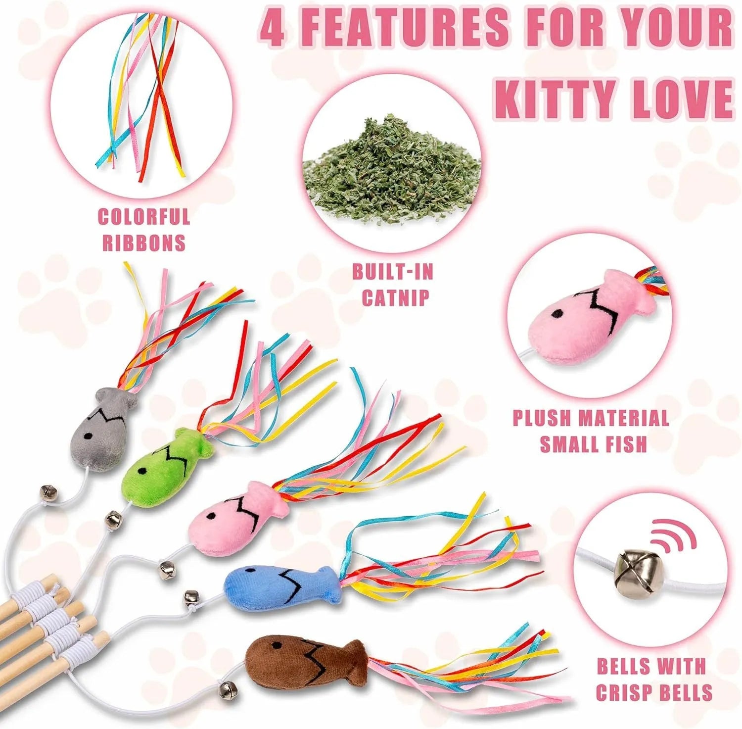 Cat wand toy with wooden handle, colourful ribbons, bell and catnip fish attachment