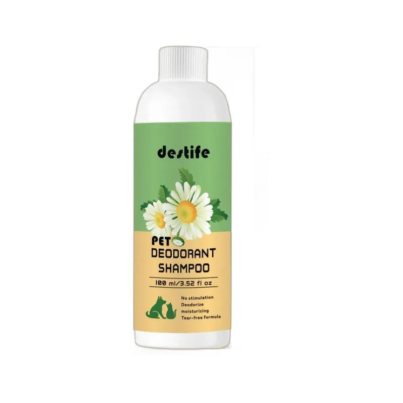 100ml bottle of deodorising shampoo and conditioner for washing dogs and cats.