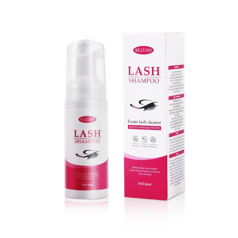 60ml bottle of lash shampoo mousse eyelash cleaning solution with a pump dispenser.