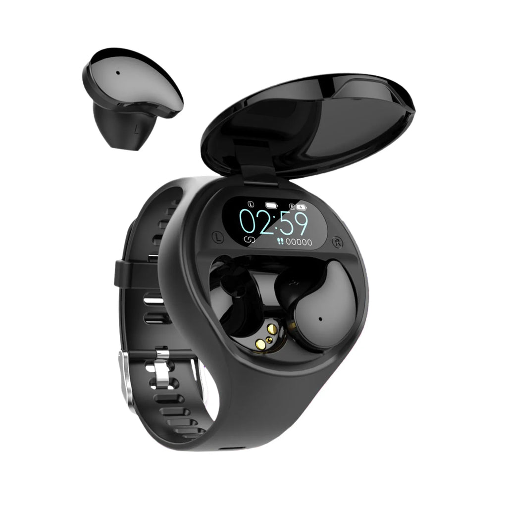 Black Bluetooth headset detached from a smart bracelet with a colour screen, showing a heart rate graph.