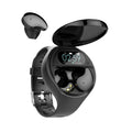 Black Bluetooth headset detached from a smart bracelet with a colour screen, showing a heart rate graph.