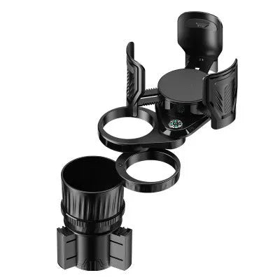 Black carbon fibre finish car cup holder with retractable adjustable base for drink bottles.