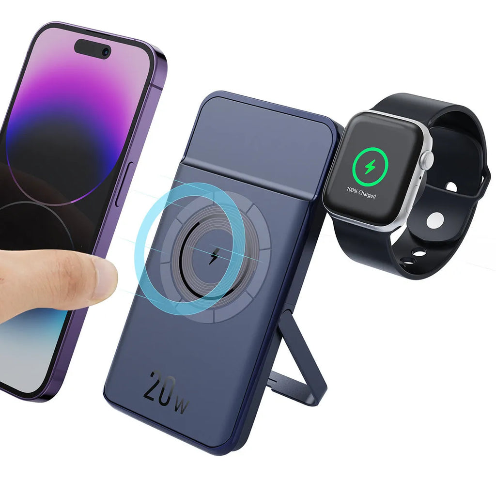Black magnetic wireless power bank with 10000mAh capacity showing bracket design