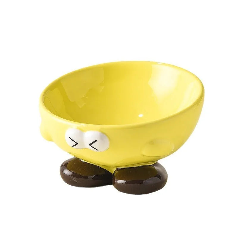 Cute Expression tall slanted ceramic pet food bowl in blue and yellow colours for cats and dogs