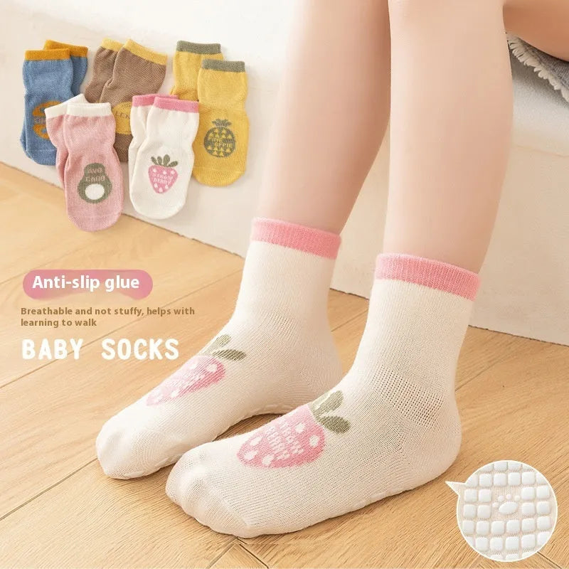 Combed cotton cartoon fruit print mid-calf socks in pink avocado colour on neutral background