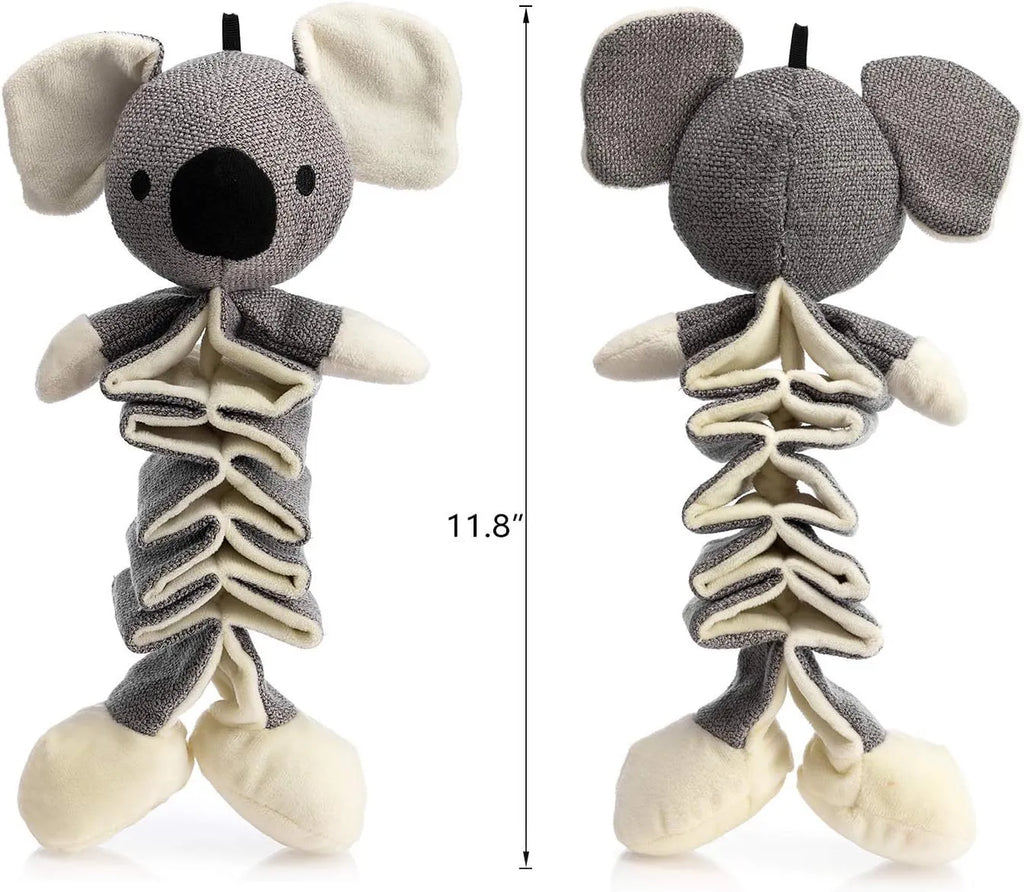 Gray koala-shaped dog toy measuring 30cm with plush limbs and squeaky crinkle paper interior.