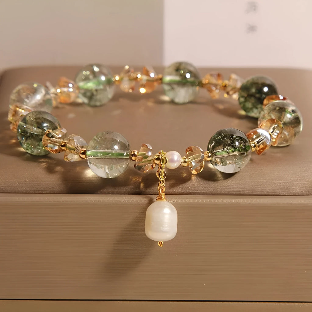 Green phantom quartz and chorite crystal women's bracelet with champagne gravel accents