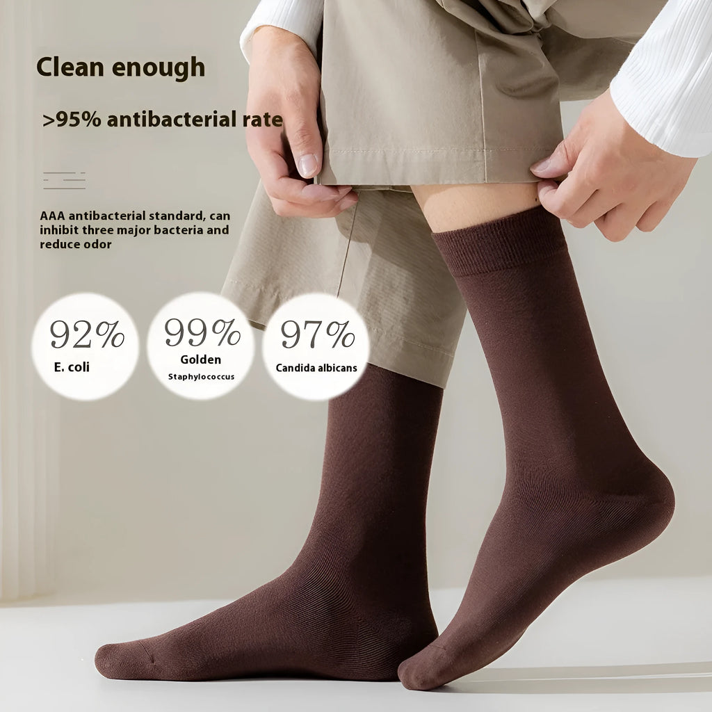 Mid-calf men's business socks in pure combed cotton, solid colour options including army green, black and dark blue