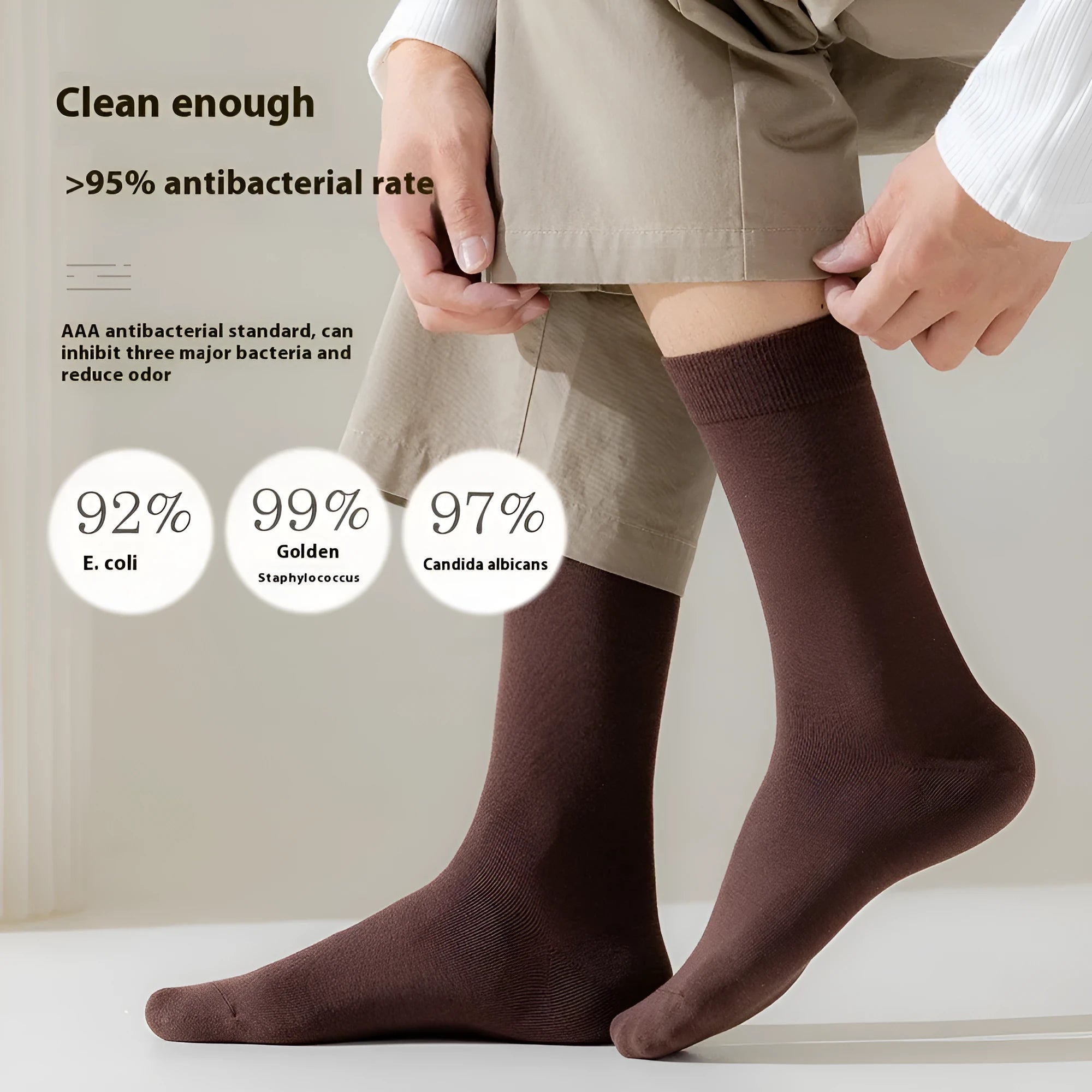 Mid-calf men's business socks in pure combed cotton, solid colour options including army green, black and dark blue