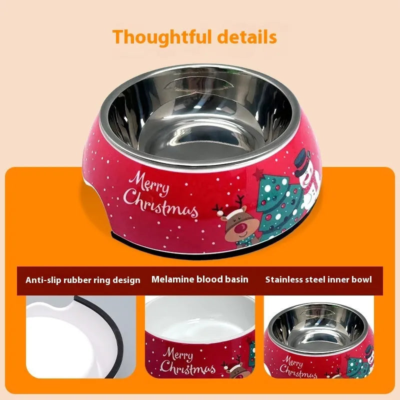 Red double-layer pet bowl with stainless steel insert, shown in three different sizes.