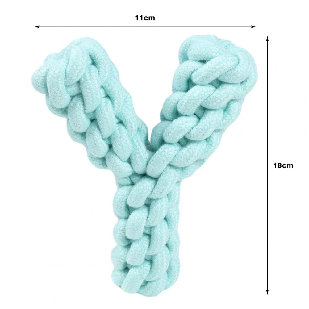 Blue Y-shaped cotton rope dog chew toy for large dogs on a white background