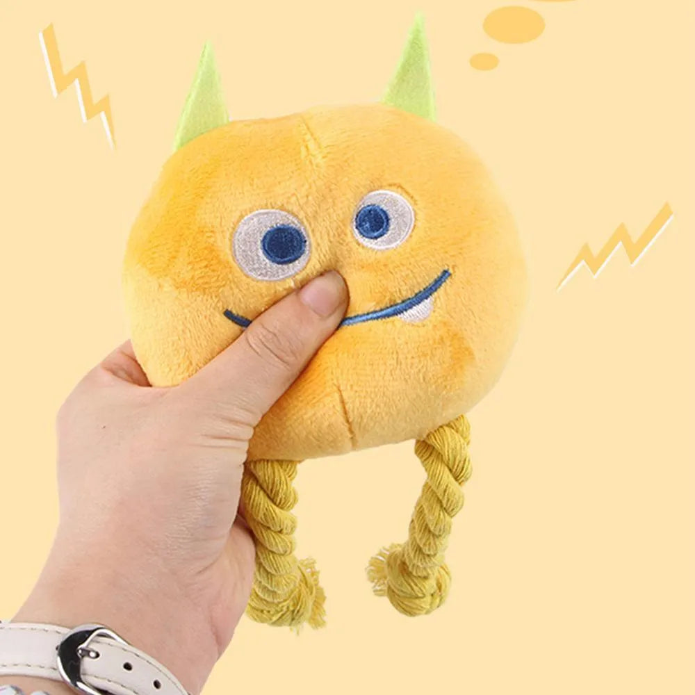 Blue and yellow cartoon dog squeaky toy with knot design made from cotton rope