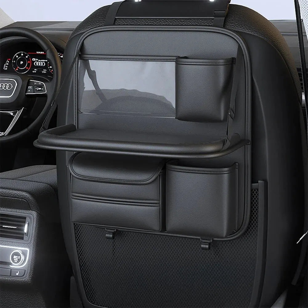 Leather car seat storage bag with fold-out table in black, grey, green, or brown