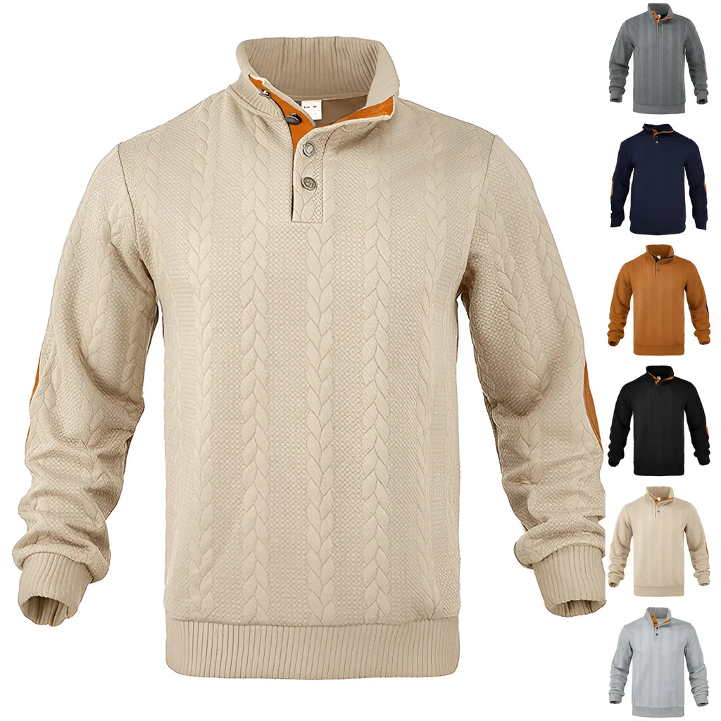 Cotton blend long-sleeve sweater with jacquard buckle and embroidered patch shown in a neutral colour