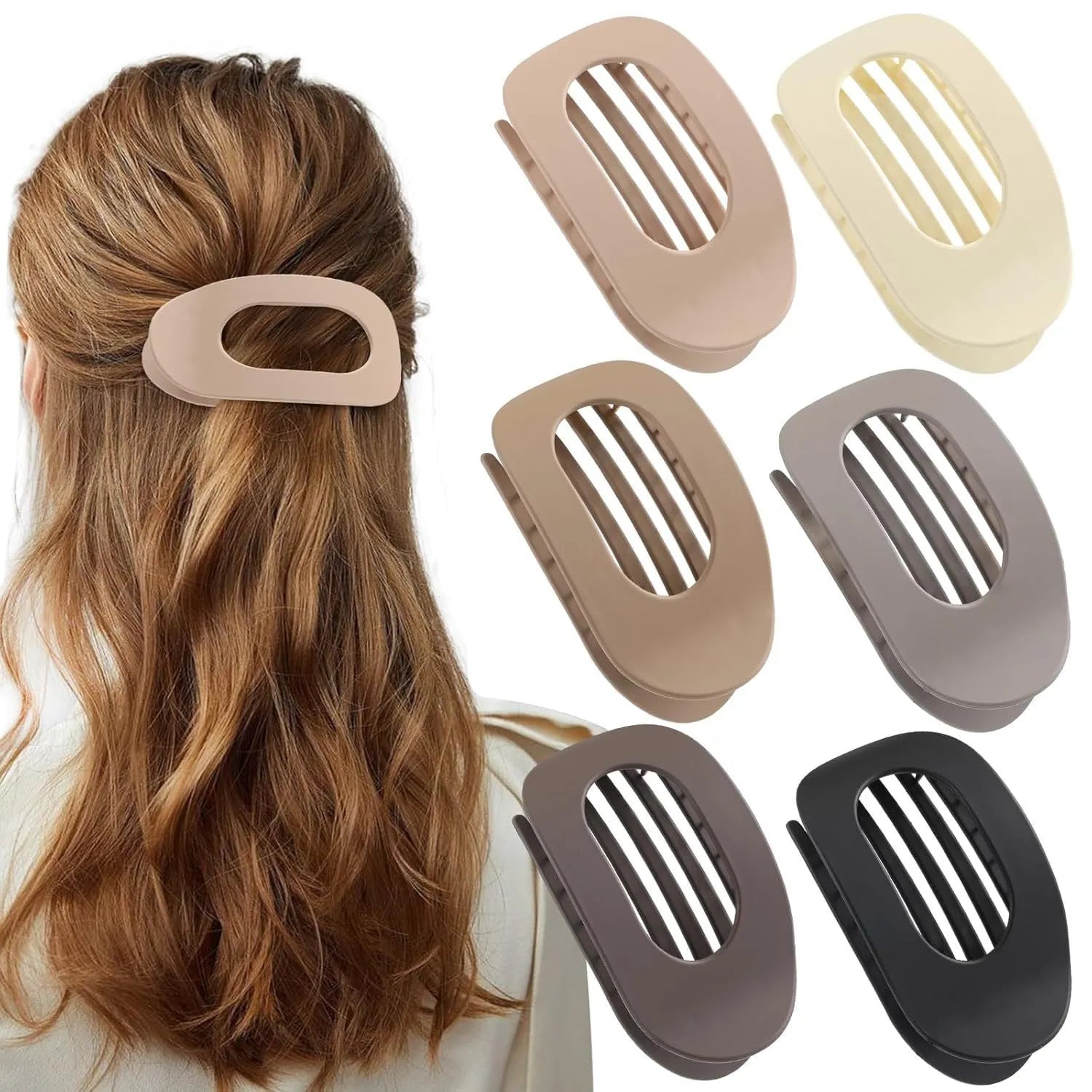 Six rose red plastic hair clips with frosted grip finish and quadrilateral design
