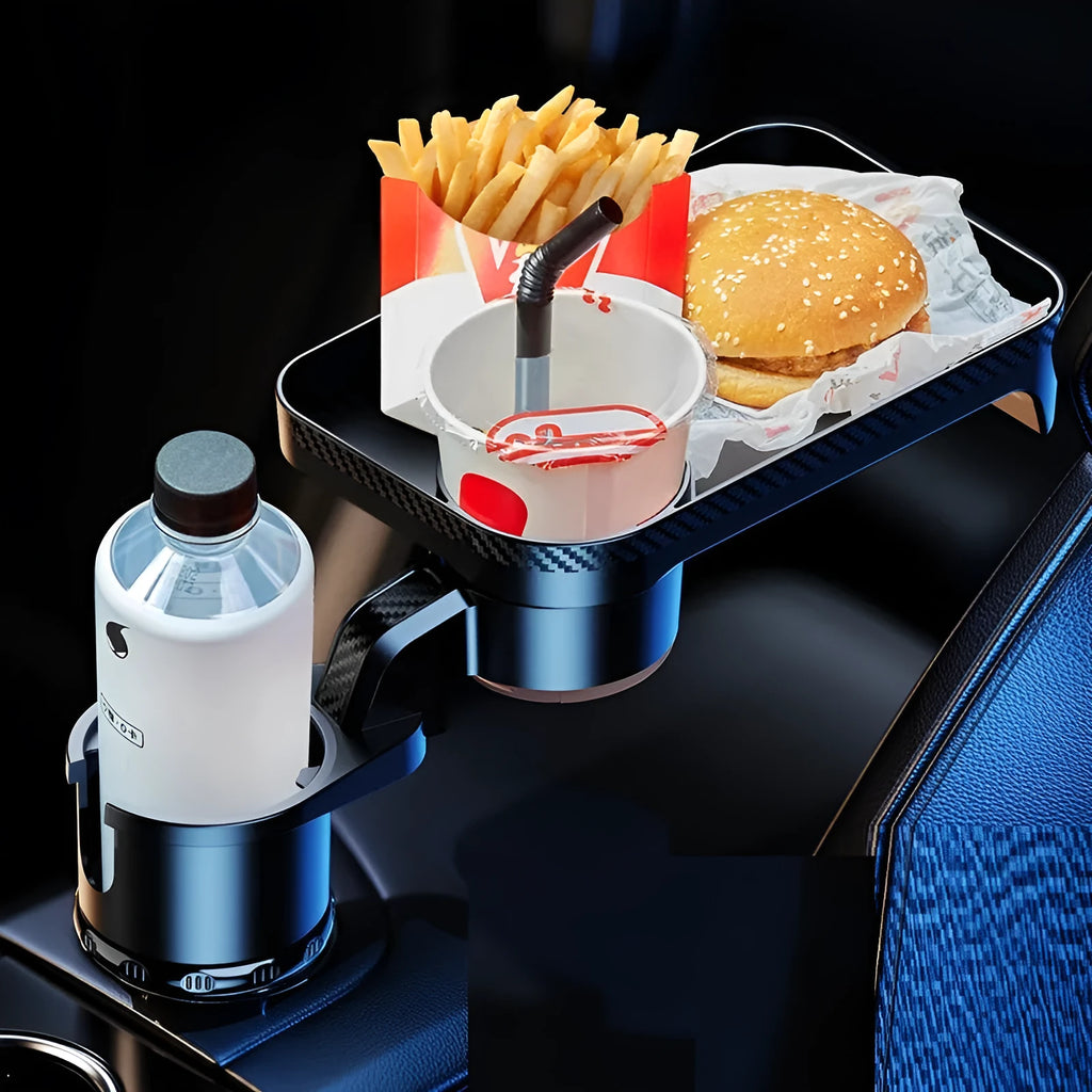 A black ABS plastic car-mounted rotating dinner tray holder inserted into a vehicle cup holder.