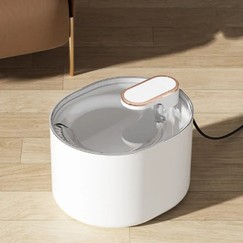 Automatic USB pet water fountain for cats and dogs in blue or white.
