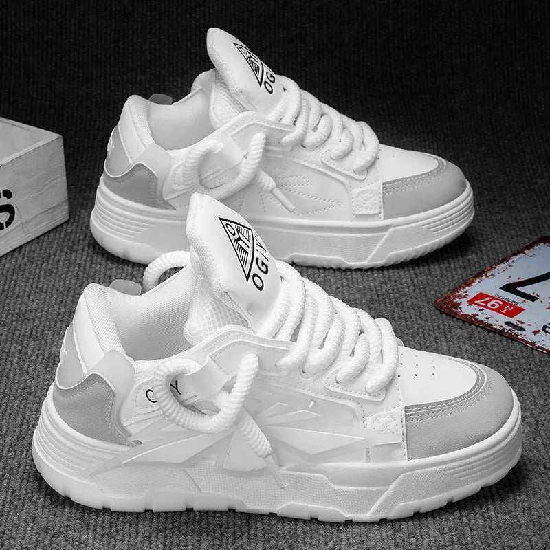 Men's white chunky Harajuku sneakers with thick rubber sole and synthetic leather upper.
