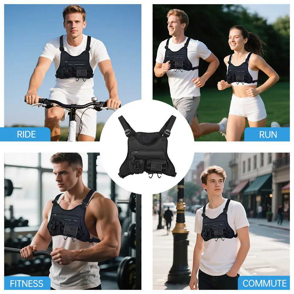 Outdoor sports chest bag with breathable vest design in Oxford cloth available in black, blue, and grey colours