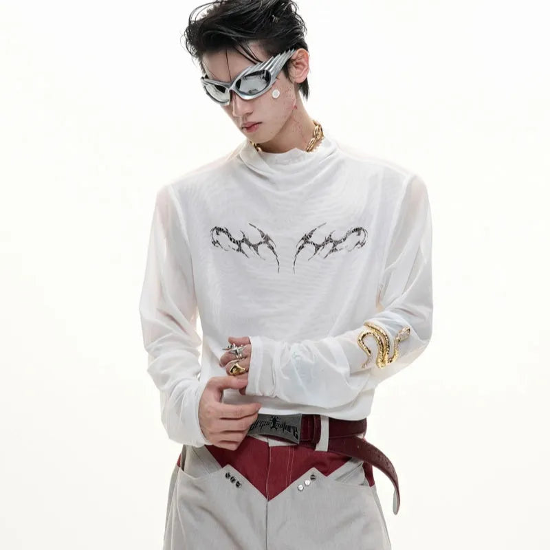 Niche Mesh Ice-feeling Slim Bottoming Shirt long sleeve top in black or white, slim fit.