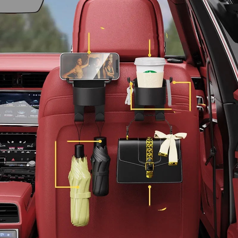 Black plastic car seat back hook organiser with a cup holder and a separate hanging hook.