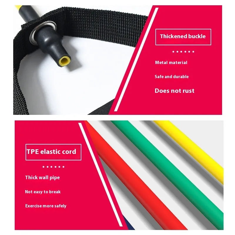 Adjustable chest expander with colour-coded TPE tension ropes: yellow, green, red, blue, black.