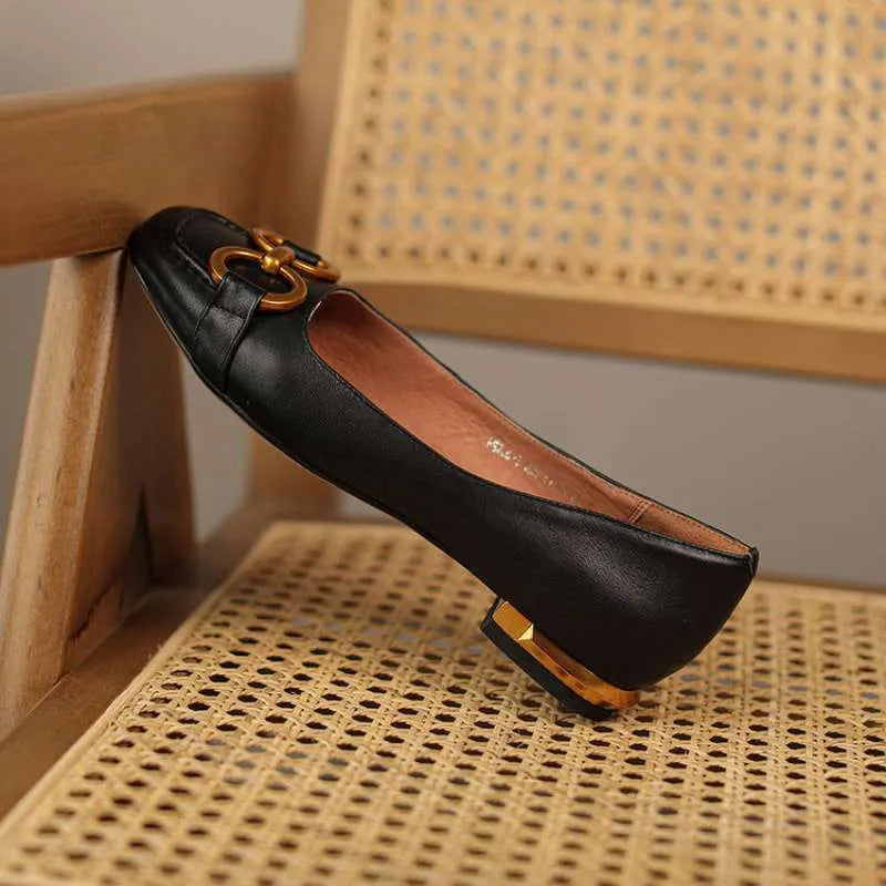 Women's Wanwan Lei style metal sole pumps with high heel and square toe in various colours.