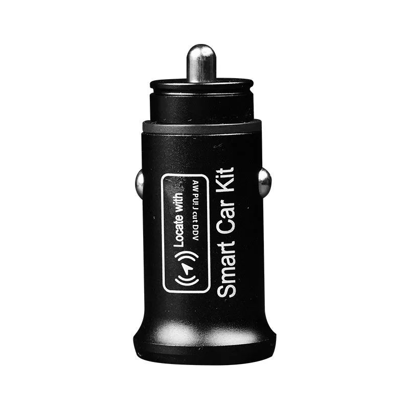 Black ABS car charger locator with integrated GPS for vehicle tracking, plugged into a 12V car socket.