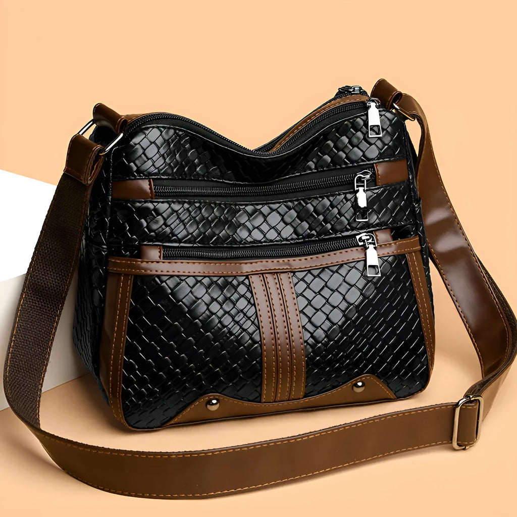Woven PU leather messenger bag with horizontal square design and multiple compartments
