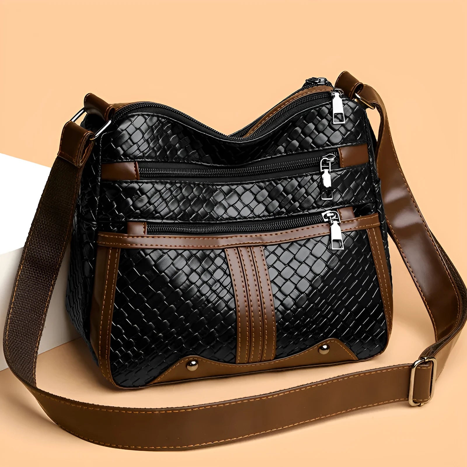 Woven PU leather messenger bag with horizontal square design and multiple compartments
