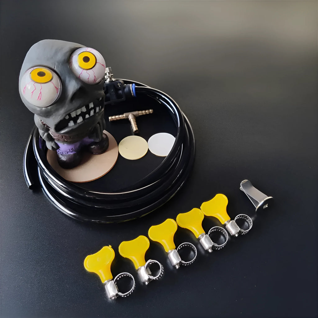 Car turbo blow-off valve modification kit with zombie doll ornament and adjustable pressure valve.