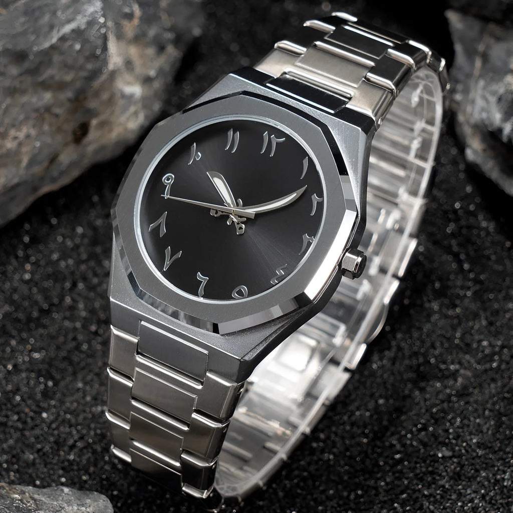 Men's business casual quartz watch with steel belt strap and 10mm thick case in black and silver colour options.
