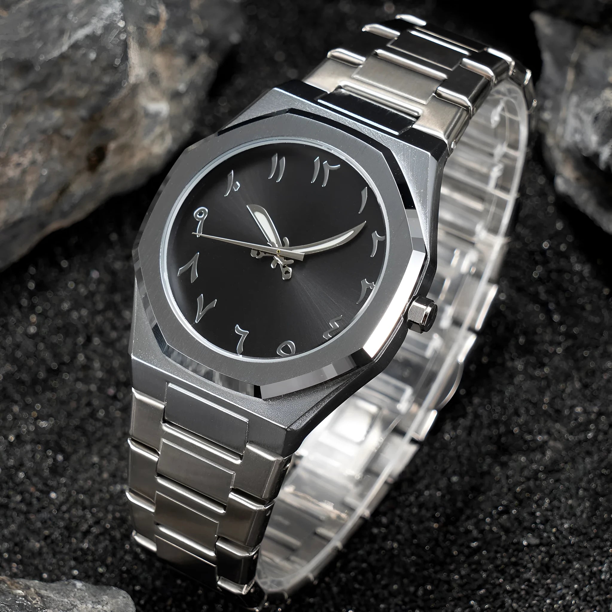 Men's business casual quartz watch with steel belt strap and 10mm thick case in black and silver colour options.