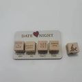 Wooden date night dice set showing five dice, planner board and black storage bag for couples