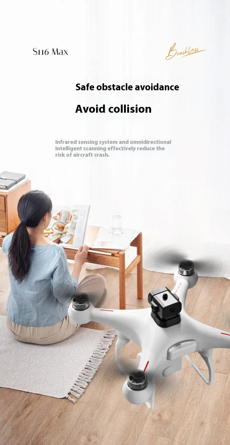 Black or white plastic brushless UAV drone with four-side obstacle avoidance and a camera, under 30cm in size.