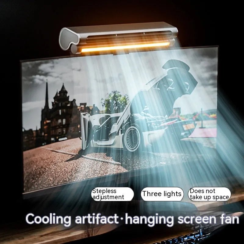 Black USB-powered bladeless fan clipped to a computer screen, showing integrated lighting lamp.