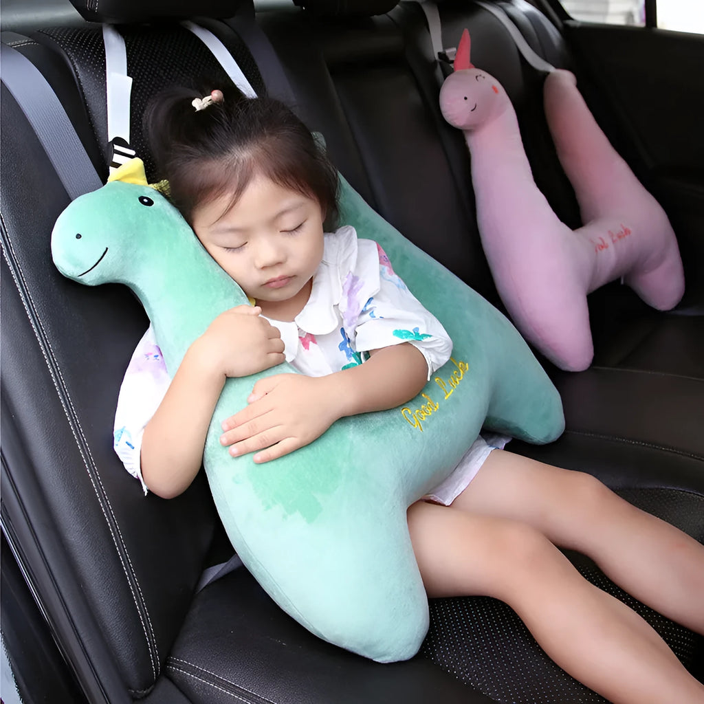 Dinosaur pattern soft plush car bolster pillow for travel, size 60cm by 55cm.
